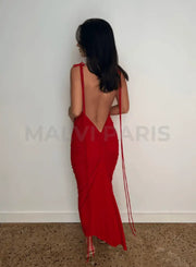 AZARI RED RUCHED BACKLESS MAXI DRESS - Red - MALVI PARISMALVI PARIS