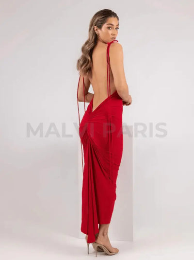 AZARI RED RUCHED BACKLESS MAXI DRESS - Red - MALVI PARISMALVI PARIS