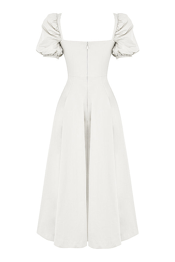 Tallulah White Puff Sleeve Midi Dress - White