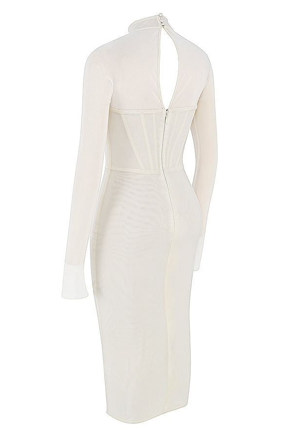 Milarose White Mesh Corset Midi Dress - White