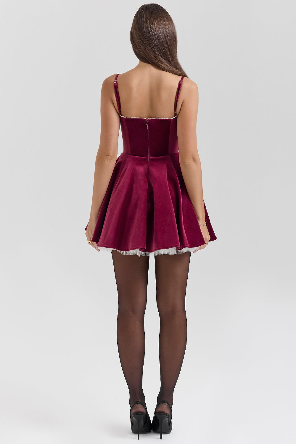 Burgundy Velvet Tulle Mini Dress - Red