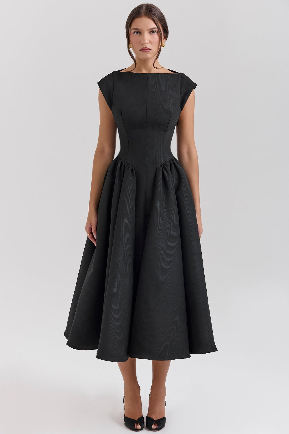 Debutante Black Moire Satin Backless Midi Dress - Black