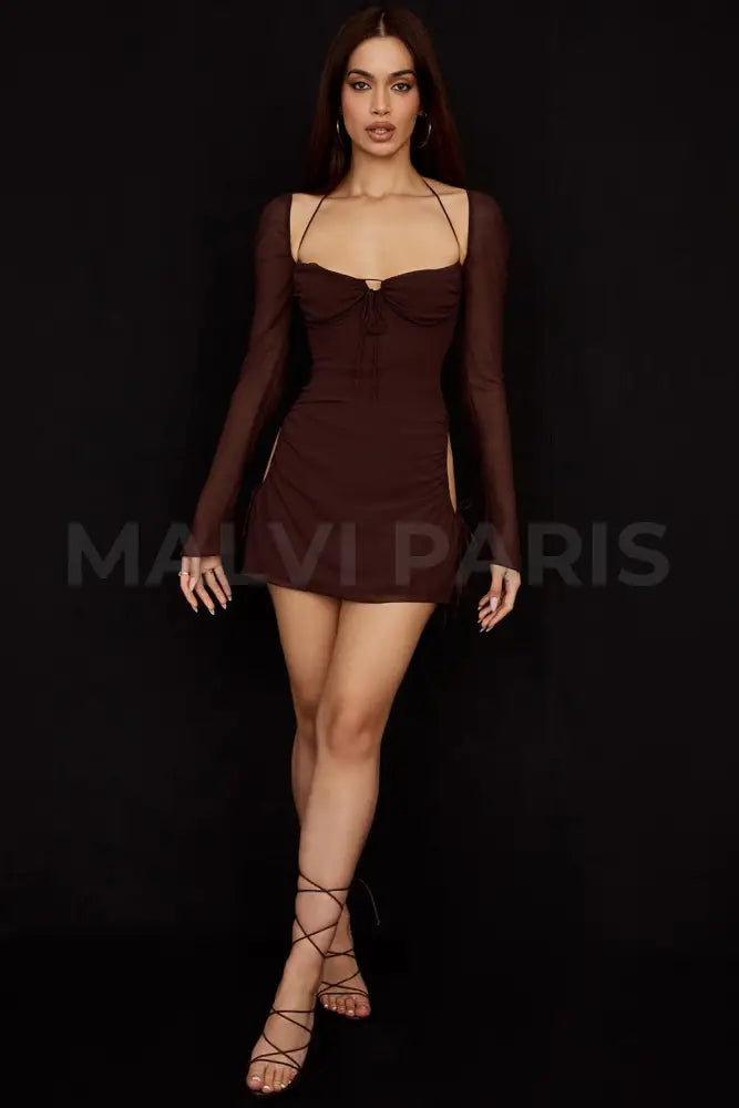 BABY CHOCOLAT CHIFFON CUTOUT HALTER MINI DRESS - Brown - MALVI PARISMALVI PARIS