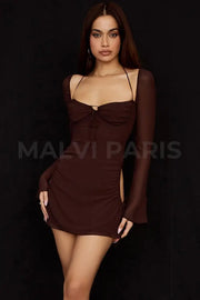 BABY CHOCOLAT CHIFFON CUTOUT HALTER MINI DRESS - Brown - MALVI PARISMALVI PARIS