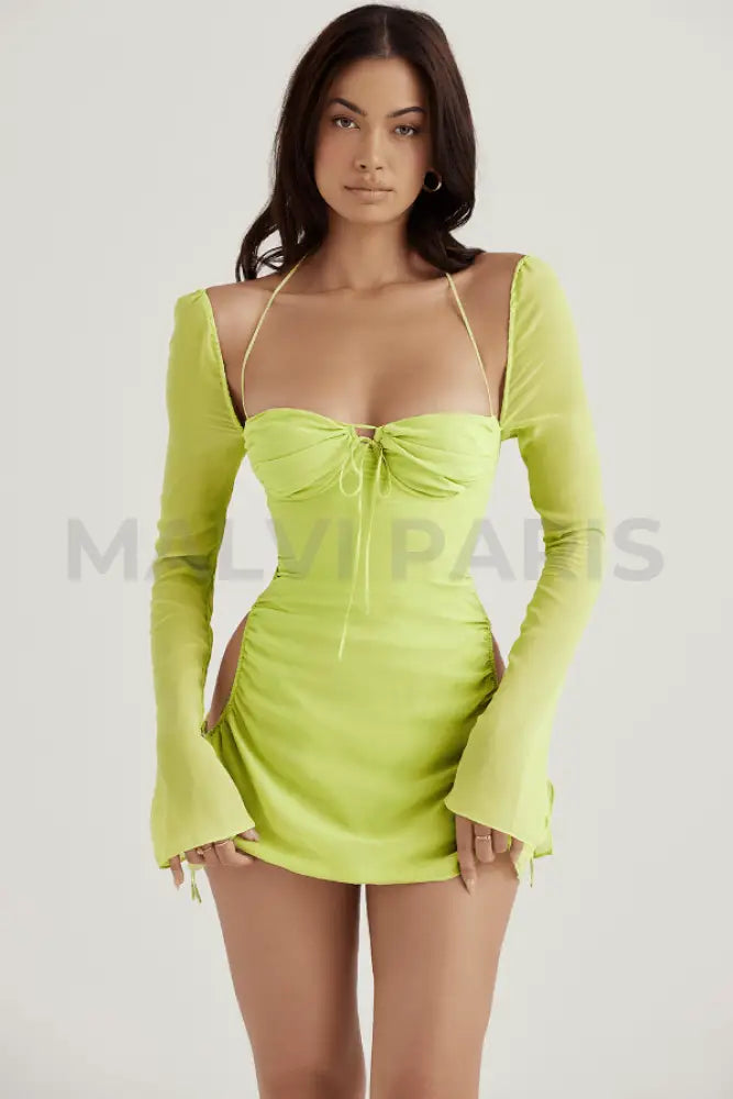 BABY LIME CHIFFON HALTER MINI DRESS - Lime Green - MALVI PARISMALVI PARIS