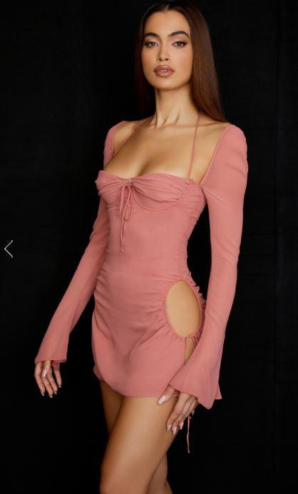 BABY PINK CHIFFON CUTOUT HALTER MINI DRESS - Pink