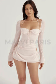 BABY PINK QUARTZ CHIFFON CUTOUT HALTER MINI DRESS - Light pink - MALVI PARISMALVI PARIS