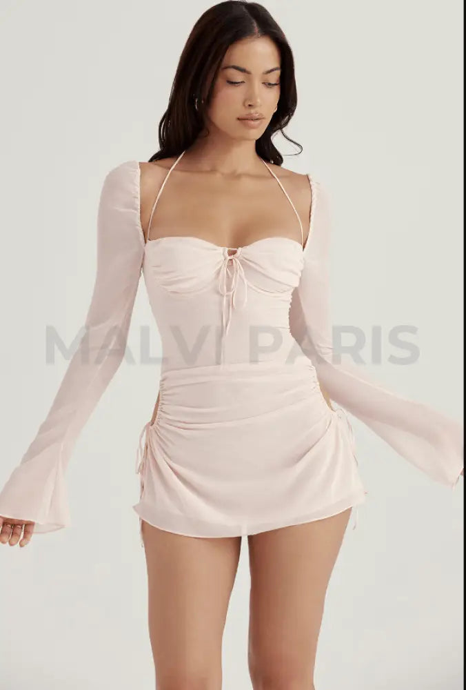 BABY PINK QUARTZ CHIFFON CUTOUT HALTER MINI DRESS - Light pink - MALVI PARISMALVI PARIS