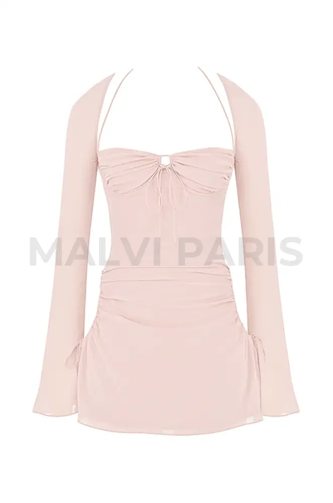 BABY PINK QUARTZ CHIFFON CUTOUT HALTER MINI DRESS - Light pink - MALVI PARISMALVI PARIS