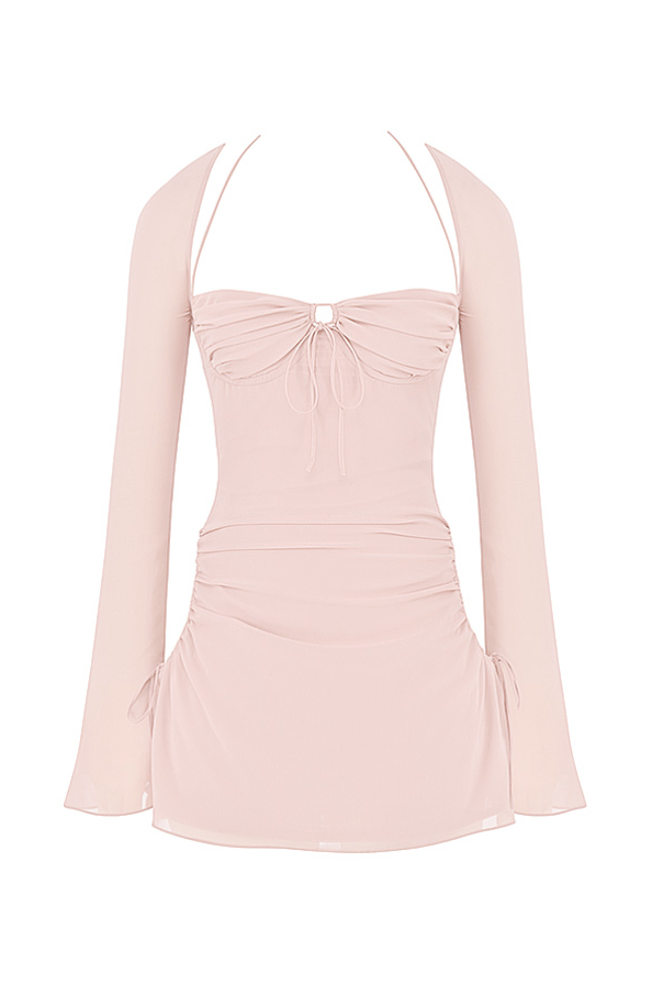 BABY PINK QUARTZ CHIFFON CUTOUT HALTER MINI DRESS - Light pink