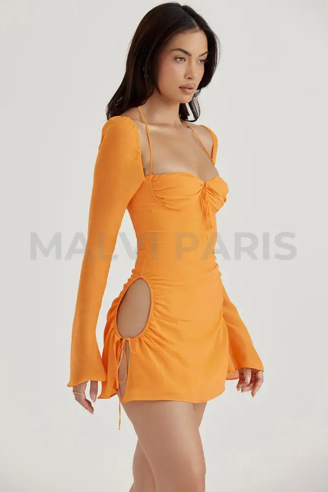 BABY TANGERINE CHIFFON HALTER MINI DRESS - Orange - MALVI PARISMALVI PARIS