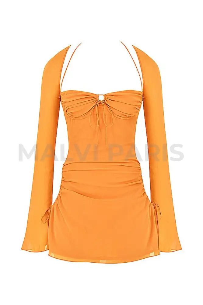 BABY TANGERINE CHIFFON HALTER MINI DRESS - Orange - MALVI PARISMALVI PARIS