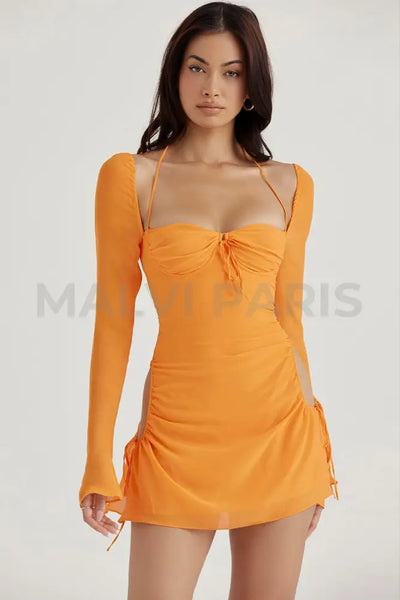 BABY TANGERINE CHIFFON HALTER MINI DRESS - Orange - MALVI PARISMALVI PARIS