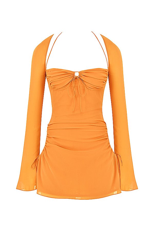 BABY TANGERINE CHIFFON HALTER MINI DRESS - Orange