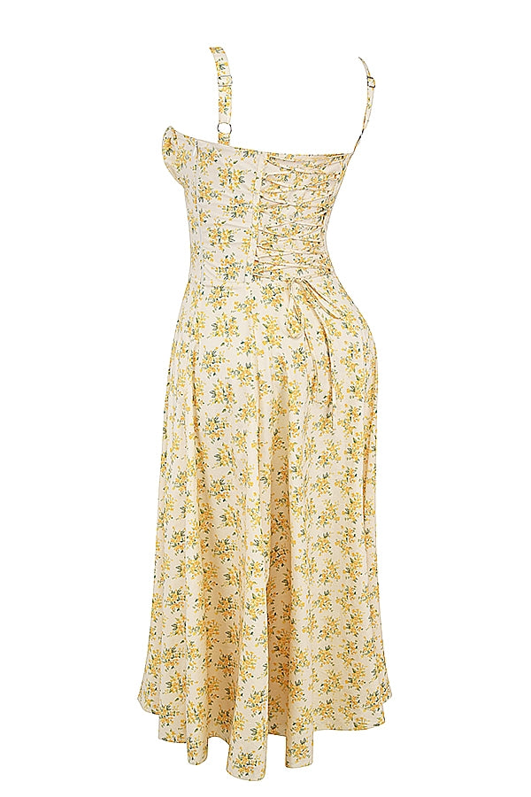 CARMEN BUTTERCUP VINTAGE FLORAL PRINT COTTON BUSTIER SUNDRESS MIDI DRESS - Yellow