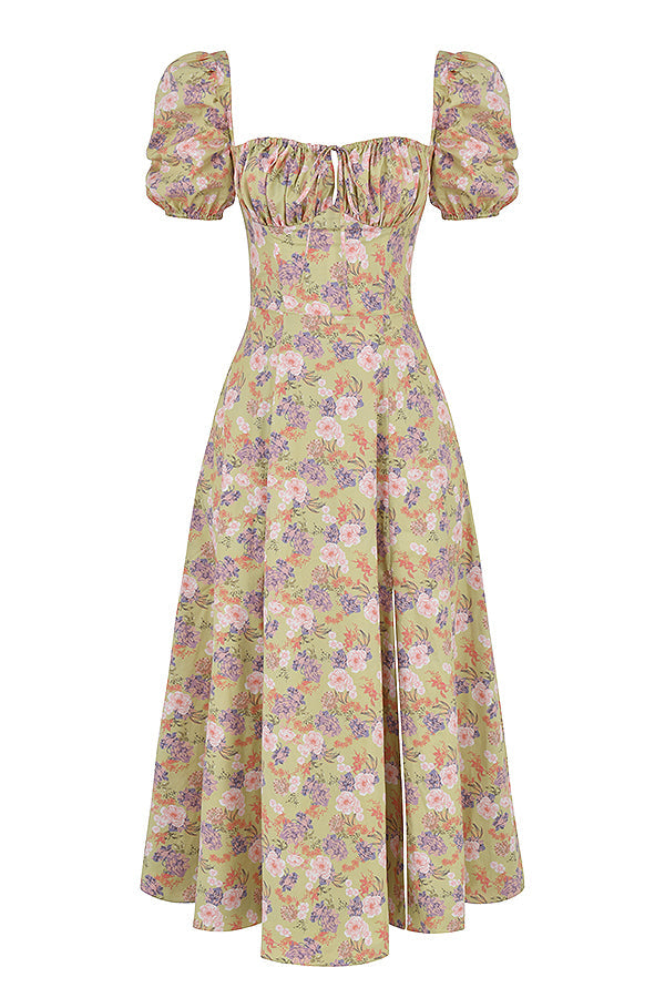 TALLULAH PEONY PRINT FLORAL PUFF SLEEVE MAXI / MIDI DRESS - Beige