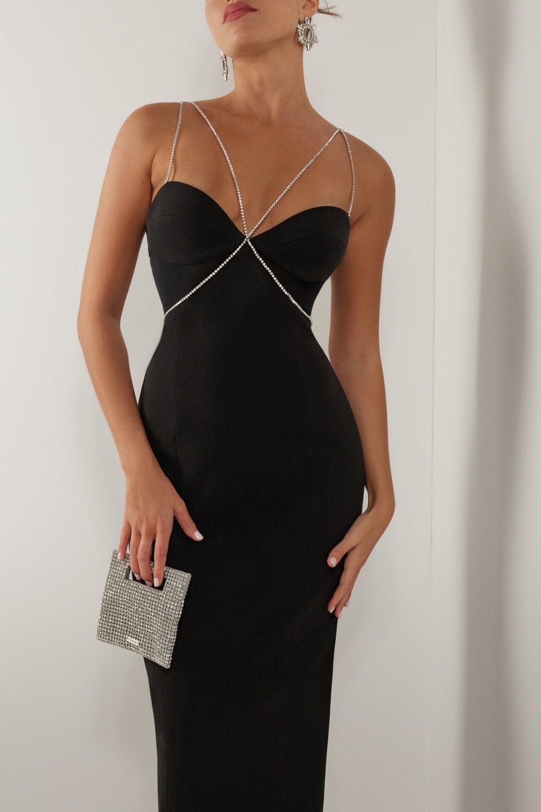 BLACK DIAMANTE STRAP CUTOUT MAXI DRESS- Black