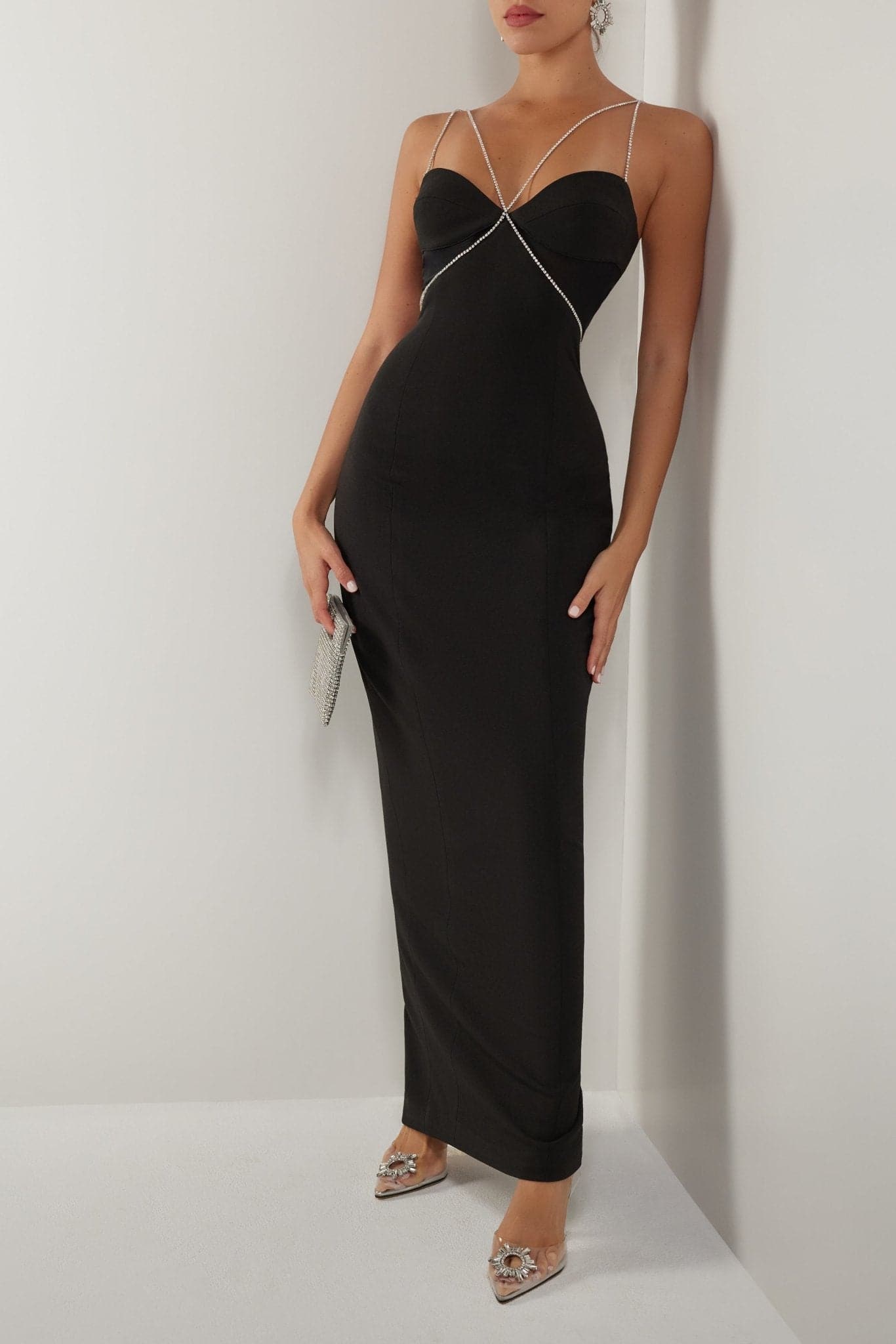 BLACK DIAMANTE STRAP CUTOUT MAXI DRESS- Black