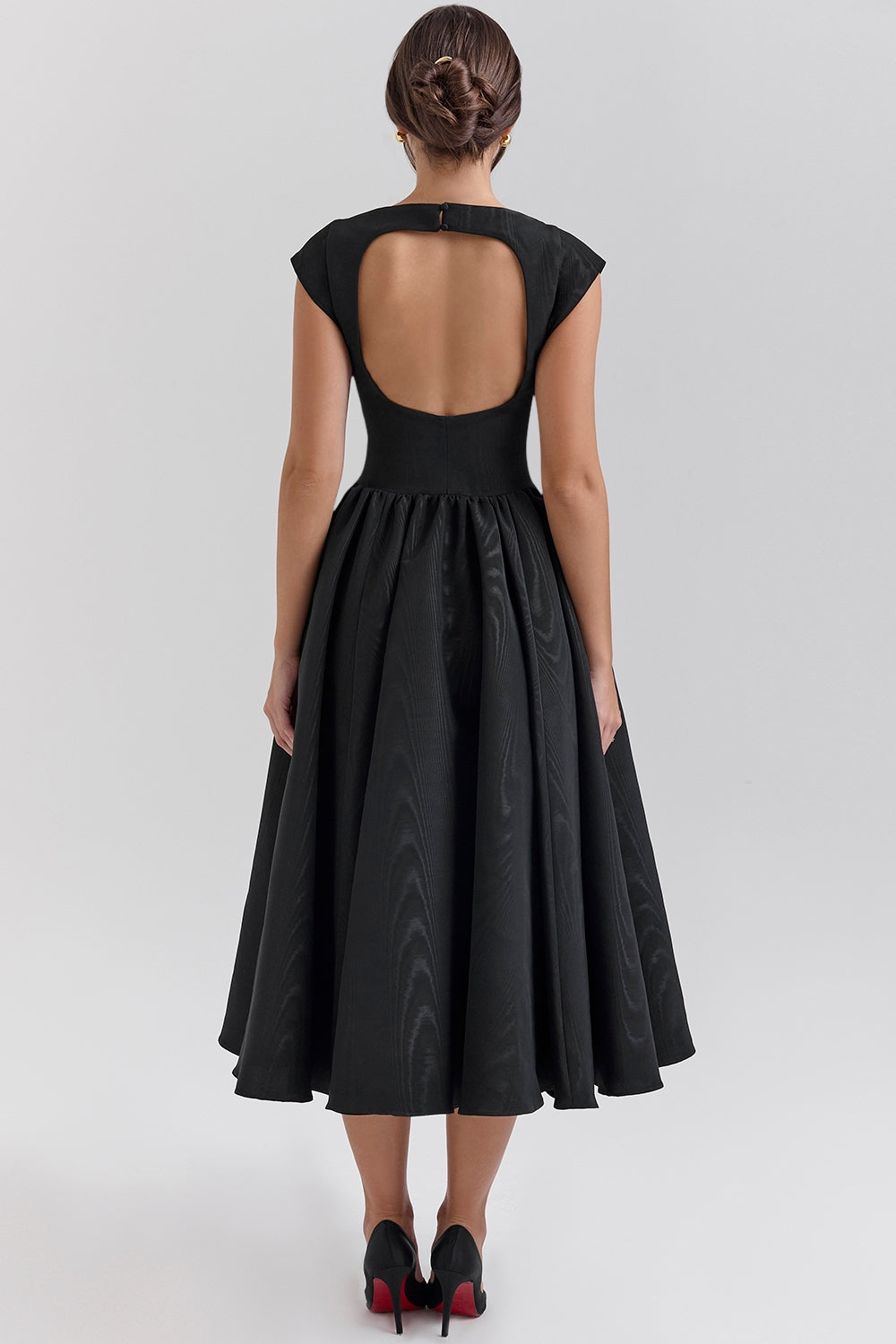 Debutante Black Moire Satin Backless Midi Dress - Black