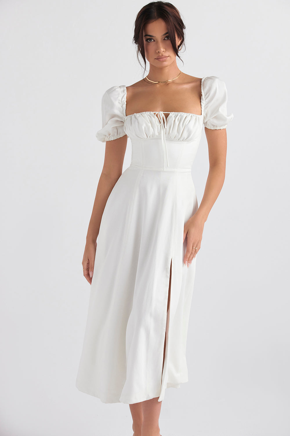 TALLULAH WHITE PUFF SLEEVE MIDI DRESS  - White