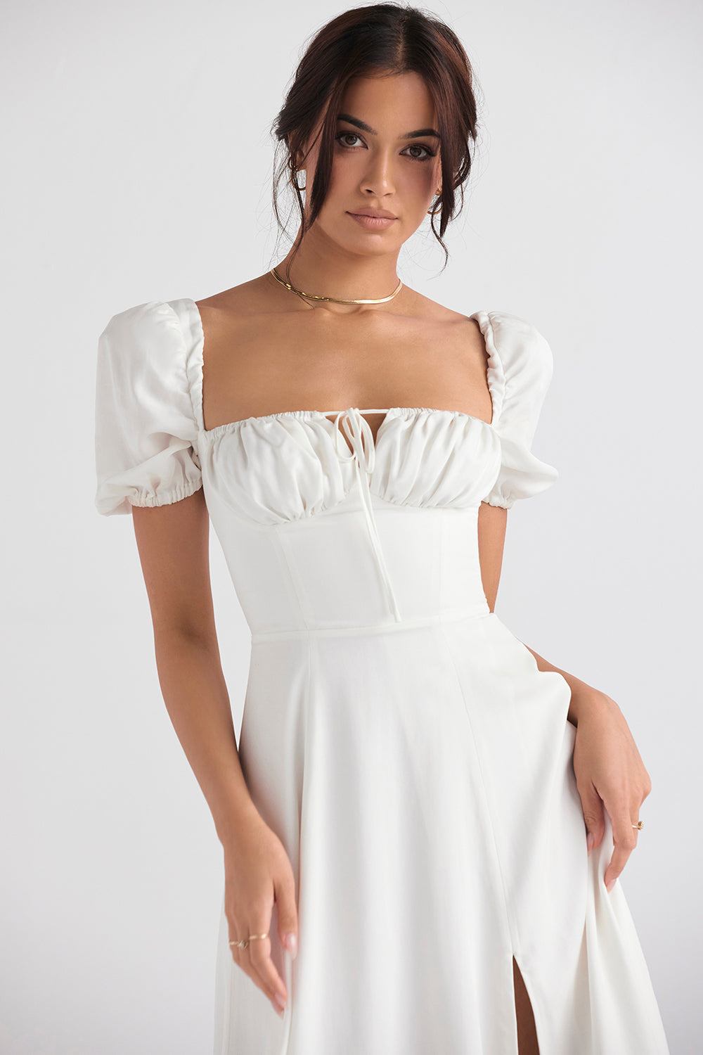 TALLULAH WHITE PUFF SLEEVE MIDI DRESS  - White