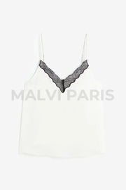 Cameo White With Black Lace Trim Camit Top - Wihte