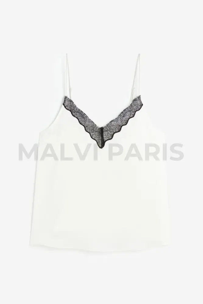 Cameo White With Black Lace Trim Camit Top - Wihte