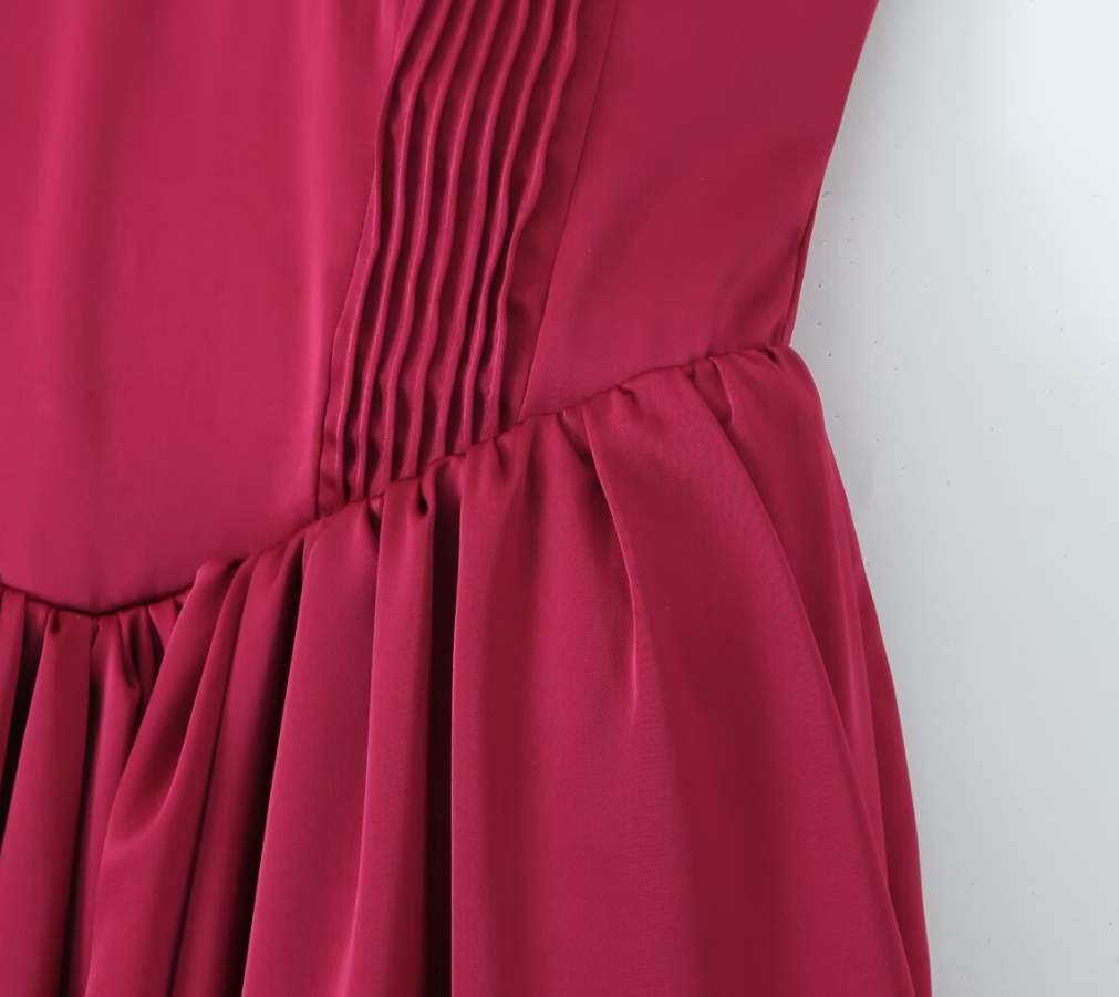 Coco Burgundy Satin Tulle Midi Dress - Red