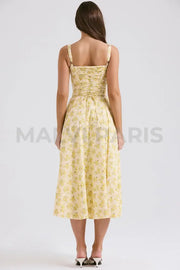 Carmen Buttercup Vintage Floral Print Cotton Bustier Sundress Midi Dress - Yellow