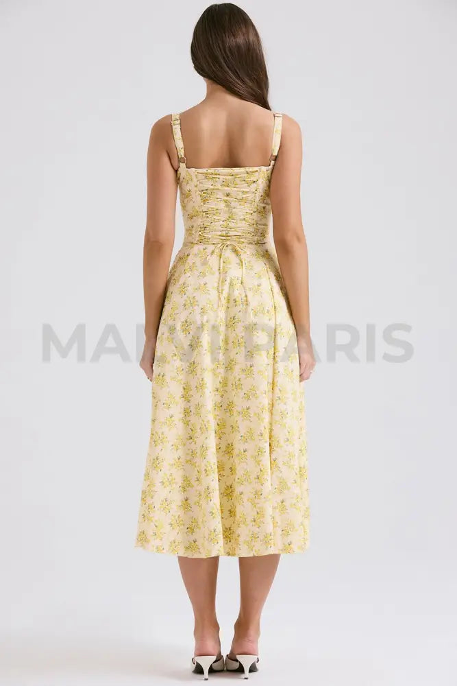 Carmen Buttercup Vintage Floral Print Cotton Bustier Sundress Midi Dress - Yellow