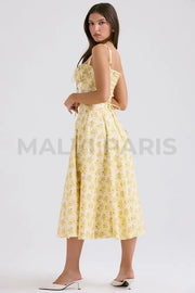 Carmen Buttercup Vintage Floral Print Cotton Bustier Sundress Midi Dress - Yellow