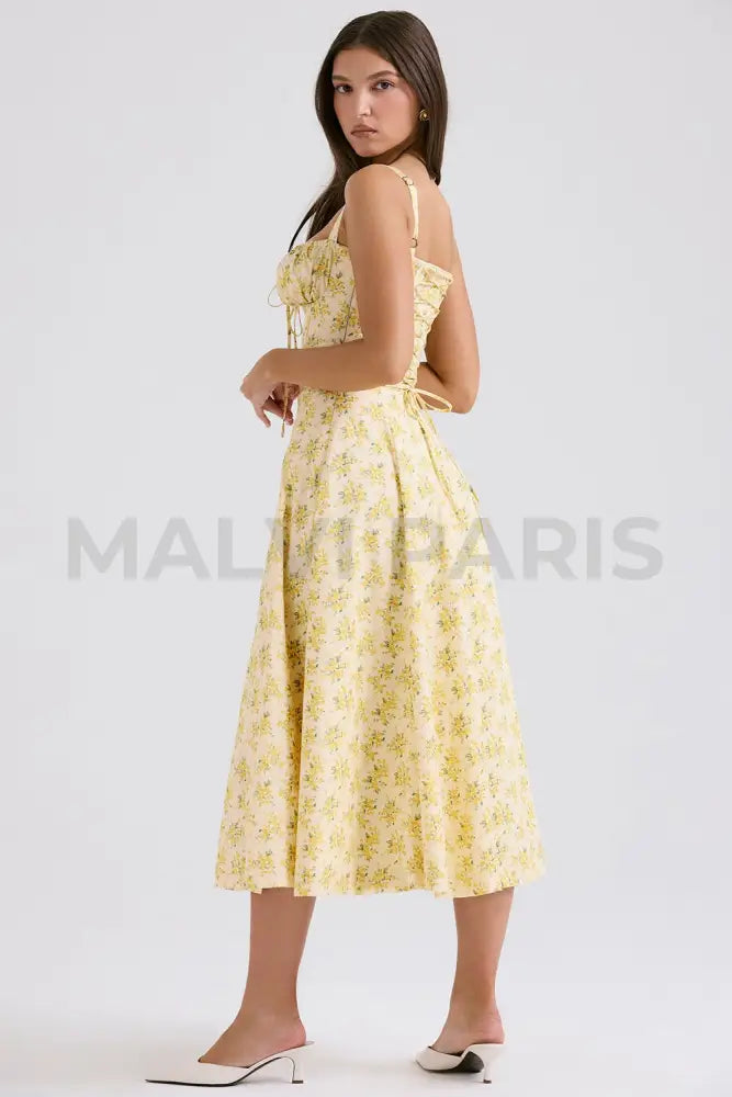 Carmen Buttercup Vintage Floral Print Cotton Bustier Sundress Midi Dress - Yellow