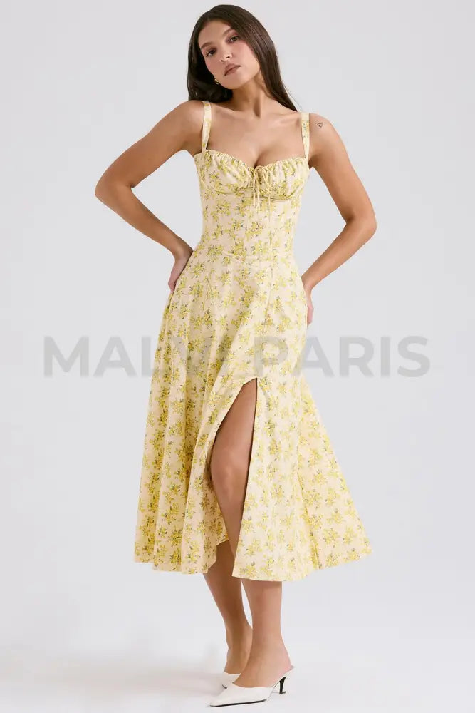 Carmen Buttercup Vintage Floral Print Cotton Bustier Sundress Midi Dress - Yellow