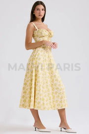 Carmen Buttercup Vintage Floral Print Cotton Bustier Sundress Midi Dress - Yellow