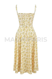 Carmen Buttercup Vintage Floral Print Cotton Bustier Sundress Midi Dress - Yellow