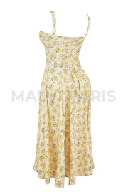 Carmen Buttercup Vintage Floral Print Cotton Bustier Sundress Midi Dress - Yellow