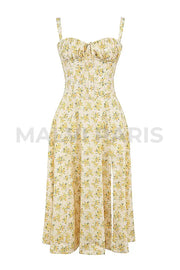 Carmen Buttercup Vintage Floral Print Cotton Bustier Sundress Midi Dress - Yellow