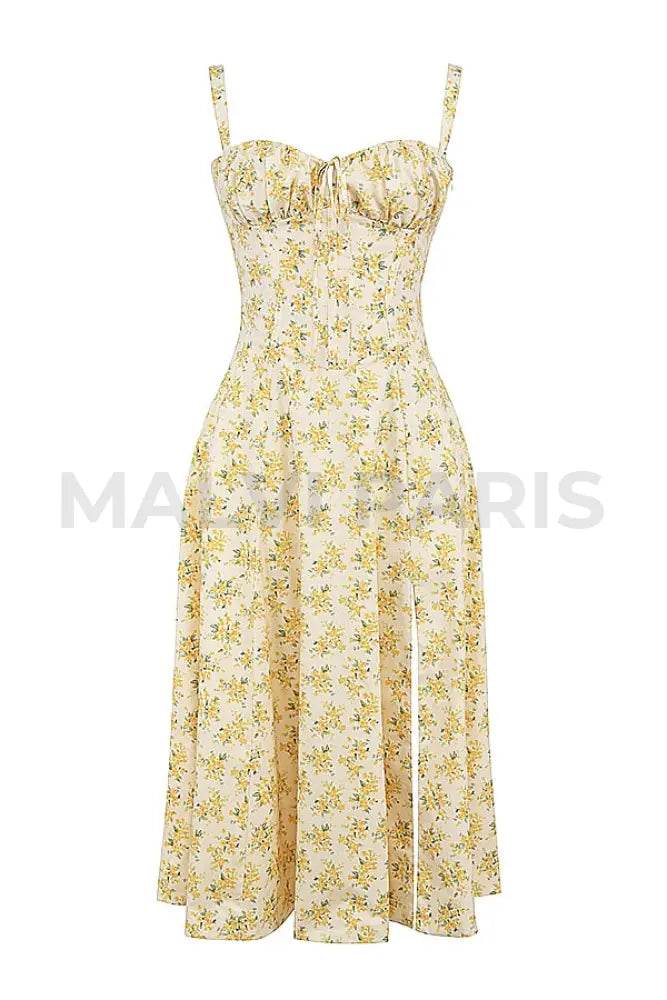 Carmen Buttercup Vintage Floral Print Cotton Bustier Sundress Midi Dress - Yellow