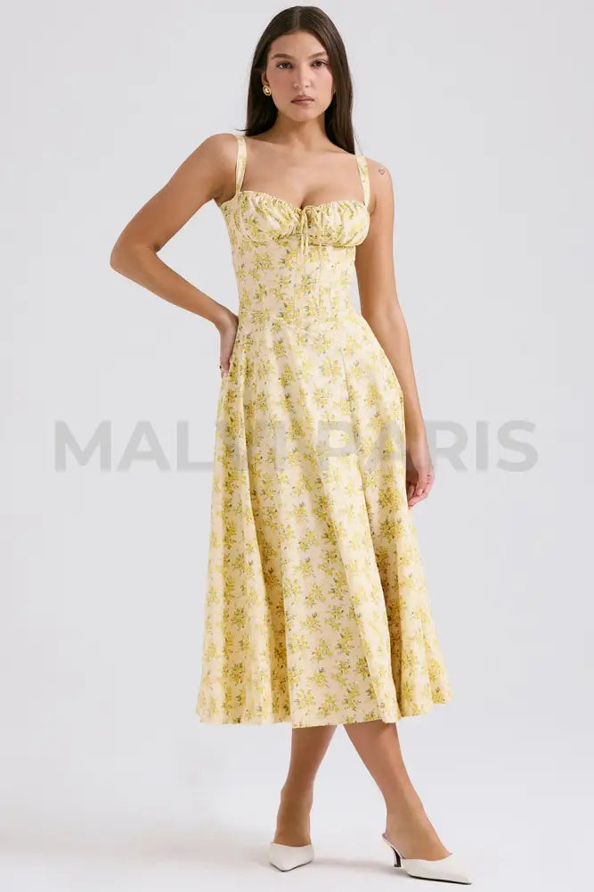 Carmen Buttercup Vintage Floral Print Cotton Bustier Sundress Midi Dress - Yellow