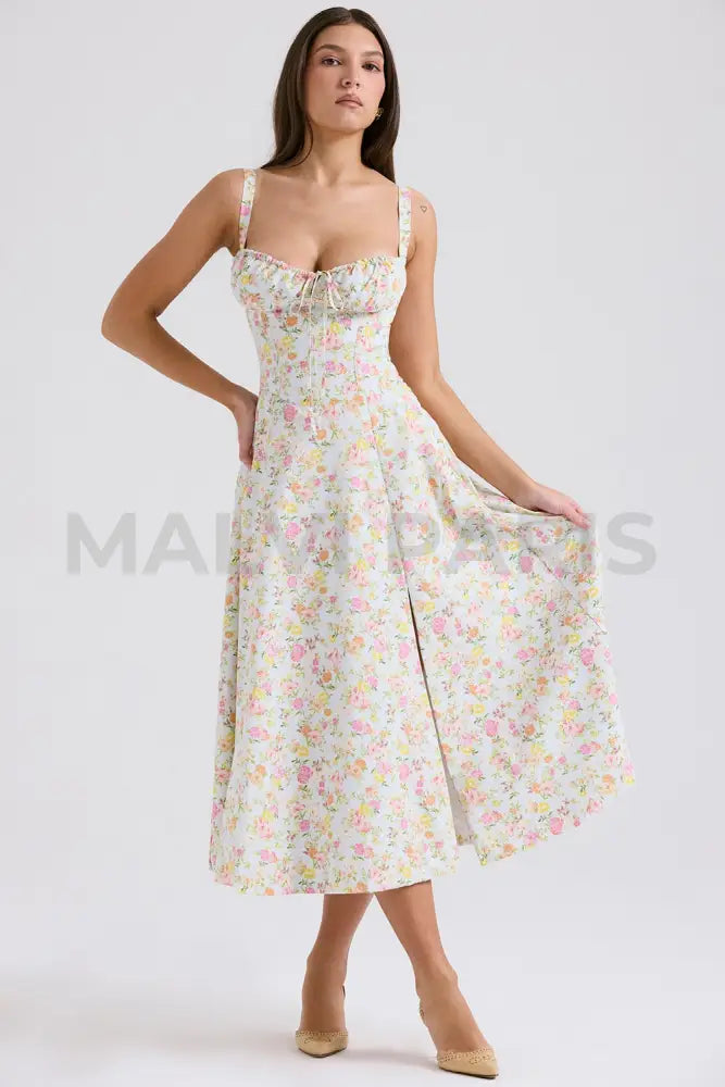 Carmen Pale Blue Meadow Print Cotton Bustier Sundress Midi Dress - White