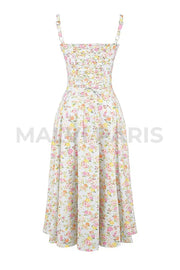 Carmen Pale Blue Meadow Print Cotton Bustier Sundress Midi Dress - White