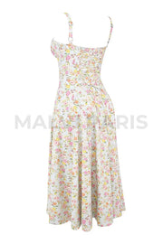 Carmen Pale Blue Meadow Print Cotton Bustier Sundress Midi Dress - White