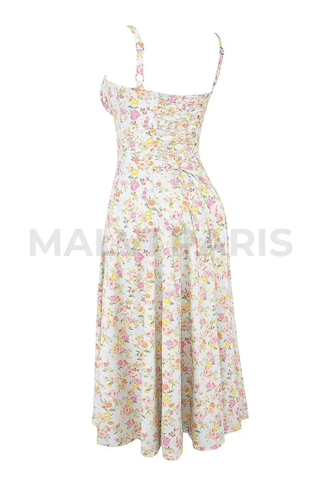 Carmen Pale Blue Meadow Print Cotton Bustier Sundress Midi Dress - White