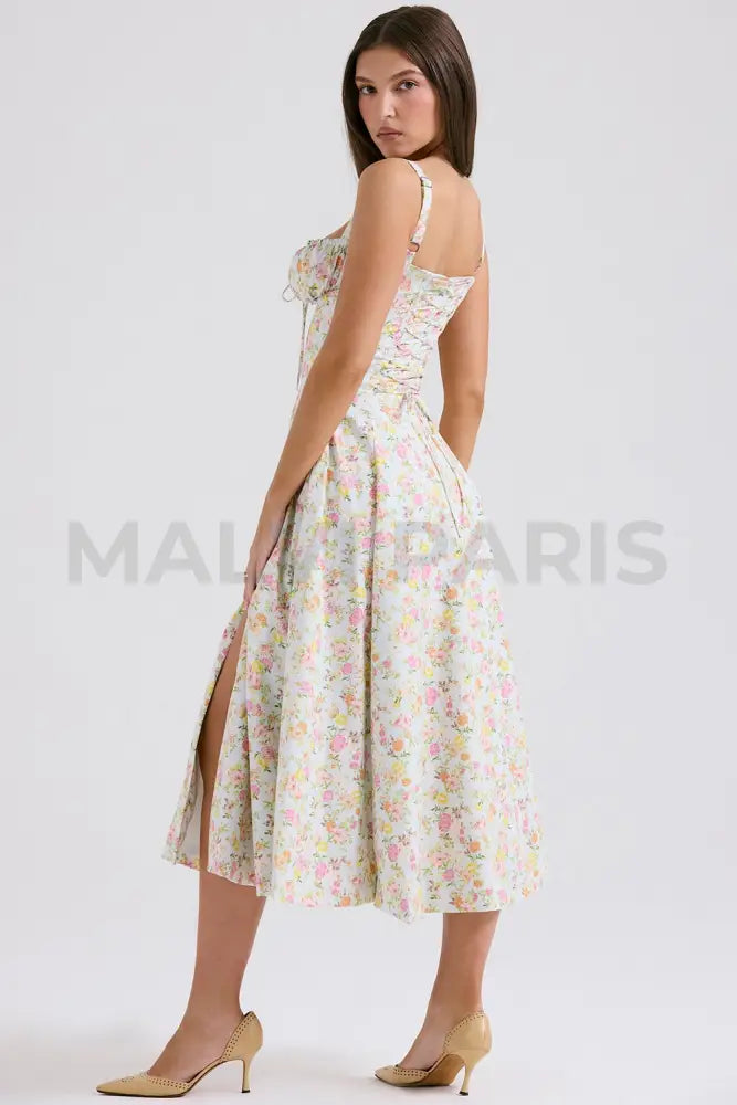 Carmen Pale Blue Meadow Print Cotton Bustier Sundress Midi Dress - White