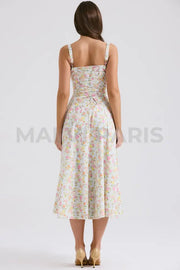 Carmen Pale Blue Meadow Print Cotton Bustier Sundress Midi Dress - White