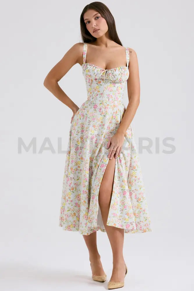 Carmen Pale Blue Meadow Print Cotton Bustier Sundress Midi Dress - White