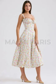 Carmen Pale Blue Meadow Print Cotton Bustier Sundress Midi Dress - White