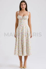 Carmen Pale Blue Meadow Print Cotton Bustier Sundress Midi Dress - White