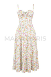 Carmen Pale Blue Meadow Print Cotton Bustier Sundress Midi Dress - White