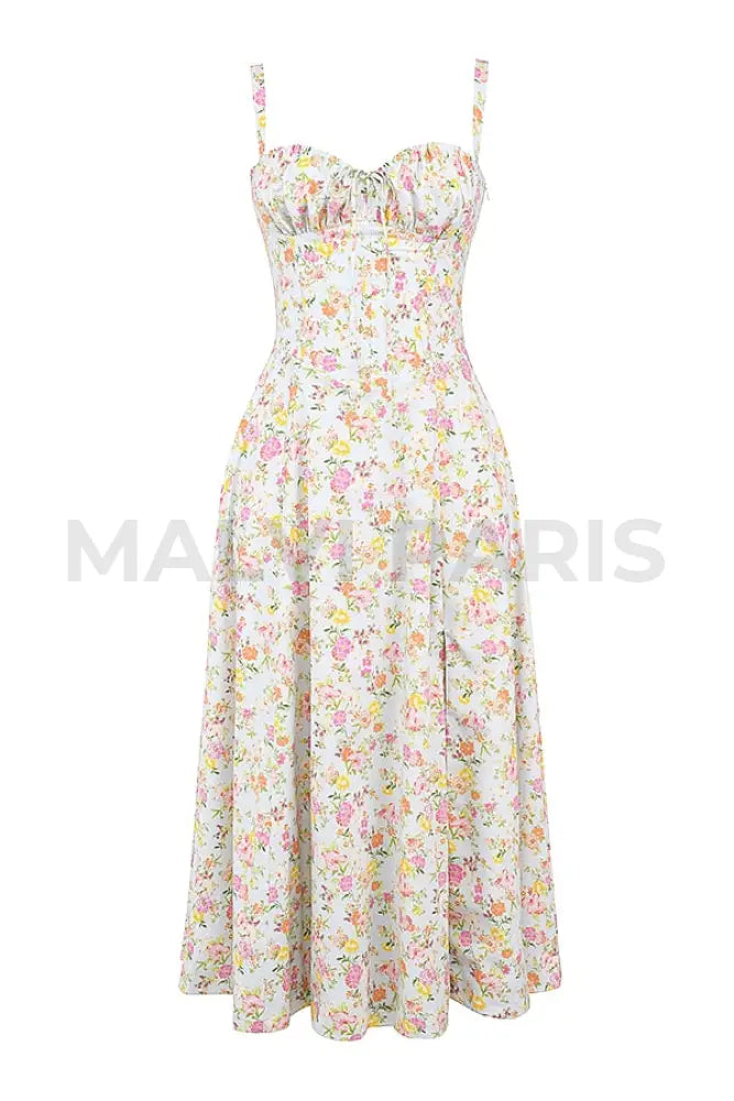 Carmen Pale Blue Meadow Print Cotton Bustier Sundress Midi Dress - White